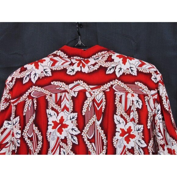Tiki Palm Rayon Red White Hawaiian Camp Shirt XL Surf Board Lei Button Front - Picture 4 of 9